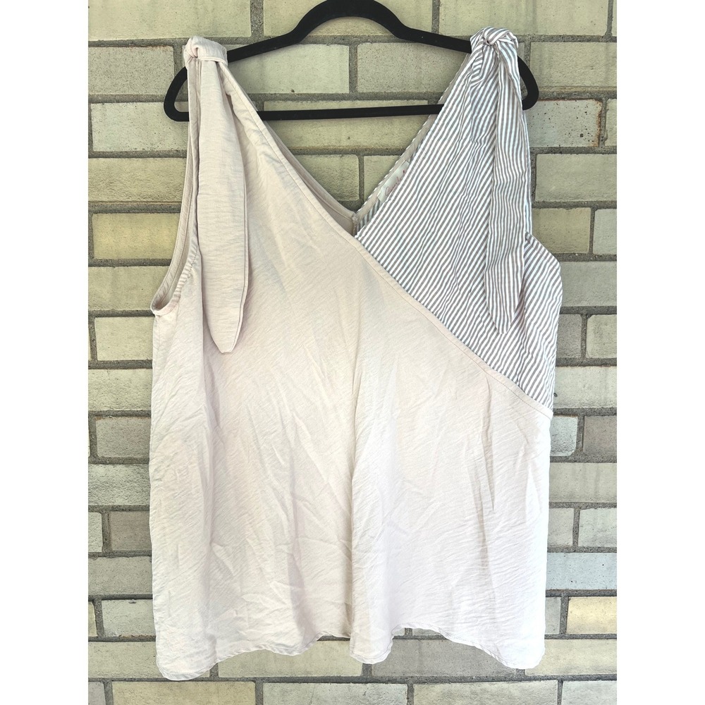 Sugarfox Tan Striped Tie Shoulder V-Neck Mixed Media Tank Top Size 3X